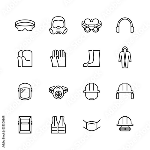 Vector job safety and protection icon set in thin line style