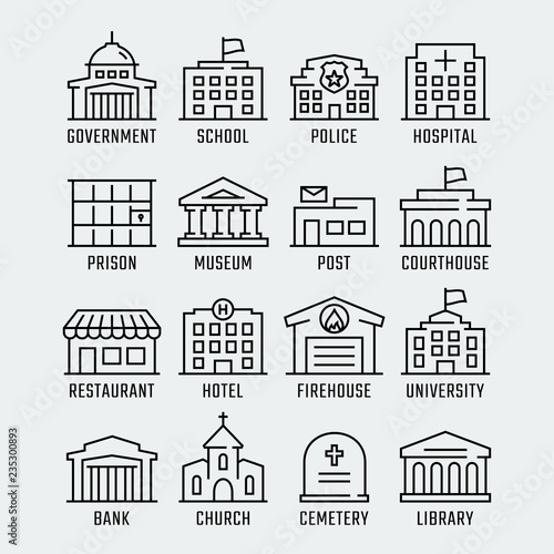 Government buildings vector icon set in thin line style