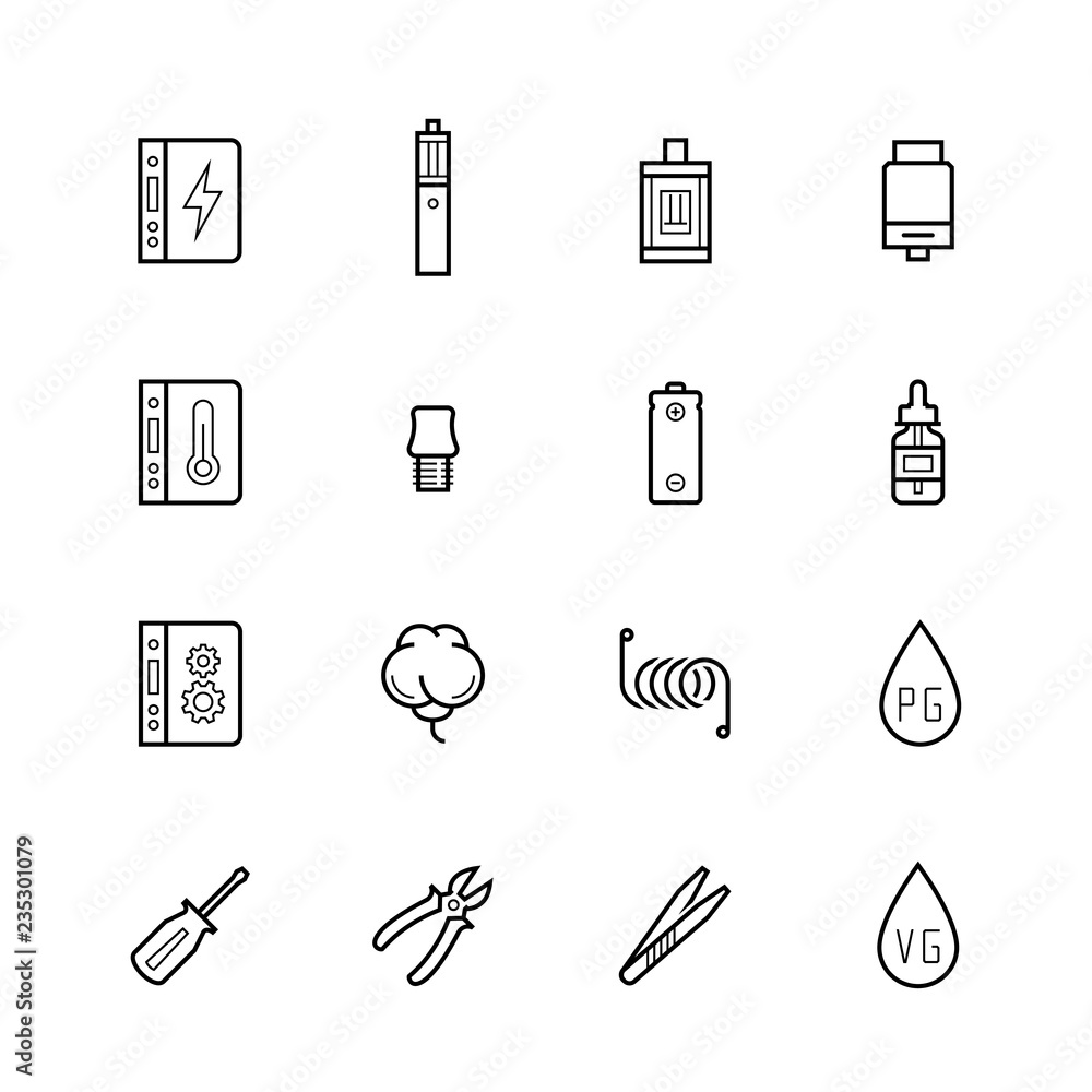 Vaping devices and accessories icon set in thin line style Vaping devices and accessories icon set in thin line style