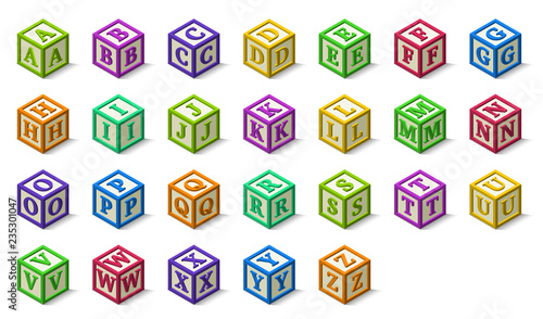 Multicolored alphabet or abc blocks in isometric style, from A to Z