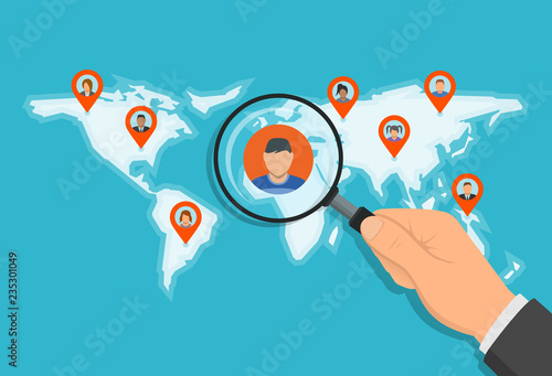 Pointer pins on the map with people and hand holding magnifier over it. Vector illustration in flat style. Concept of human resources management, staff research, global headhunting