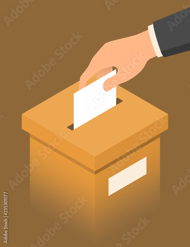 Hand putting paper in the brown ballot box. Voting concept in isometric style