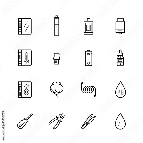 Vaping devices and accessories icon set in thin line style