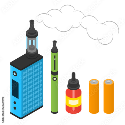 Box mod, batteries, e-cigarette and juice for vaping. Isometric illustration
