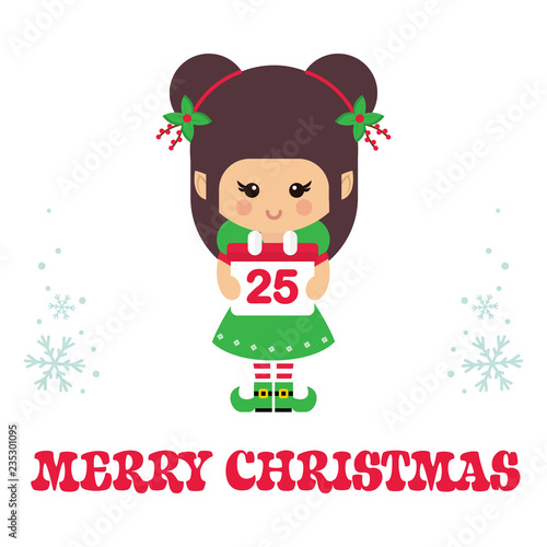 christmas cartoon cute elf with сhristmas calendar and christmas text