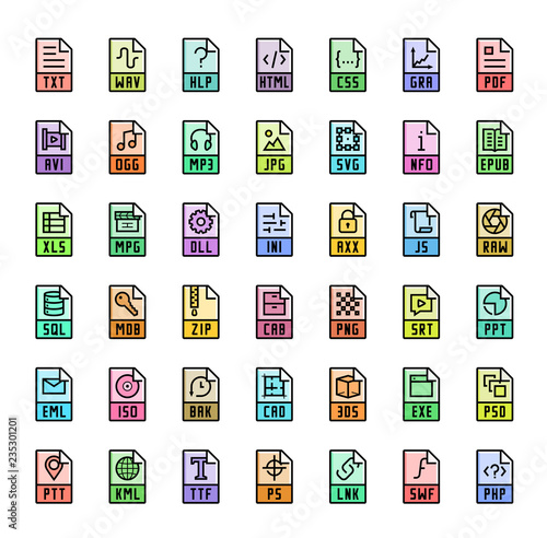 File format extensions colorful vector icon set