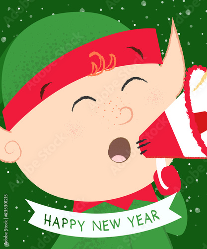 Happy New Year green elf with megaphone postcard design. Lettering with christmas elf with megaphone on green background. Can be used for postcards, invitations, greeting cards