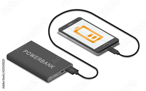 Power bank connected to smartphone by usb cable. Isometric vector illustration