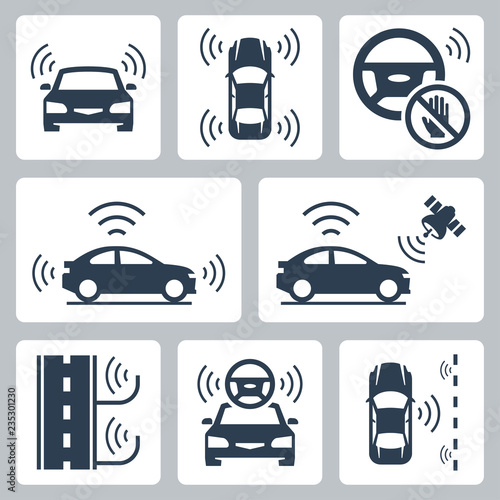 Driverless autonomous robotic car vector icon set