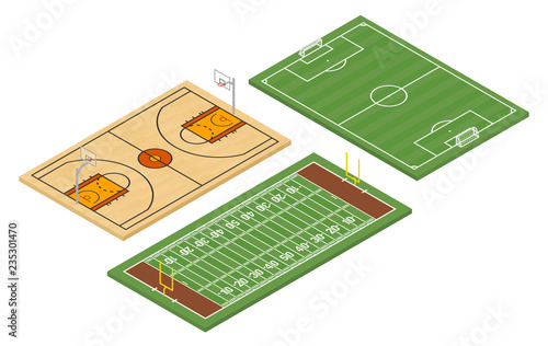 Isometric american football and soccer fields and basketball court