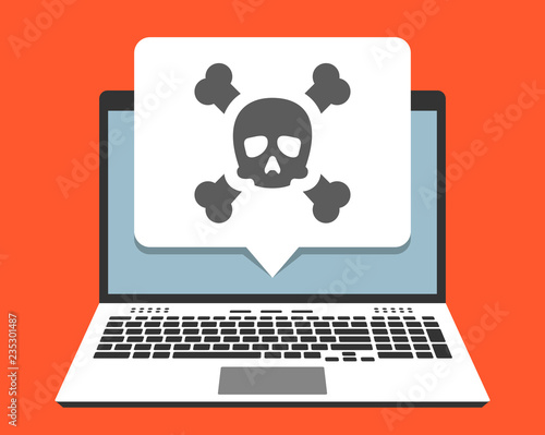 Laptop and skull icon on screen in pop-up bubble. Vector illustration in flat design style