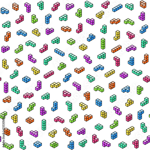 Fototapeta Naklejka Na Ścianę i Meble -  Colorful tetromino blocks in isometry on white background vector seamless pattern