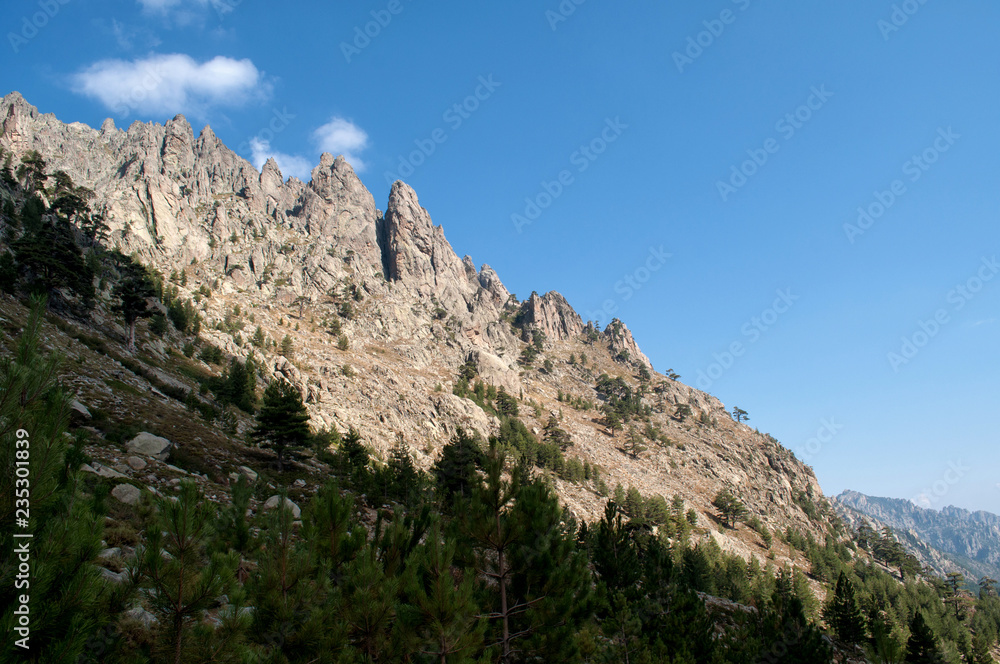 Beautiful landscape and high mountains in the area of Gorges de la Restonica on the island of Corsica
