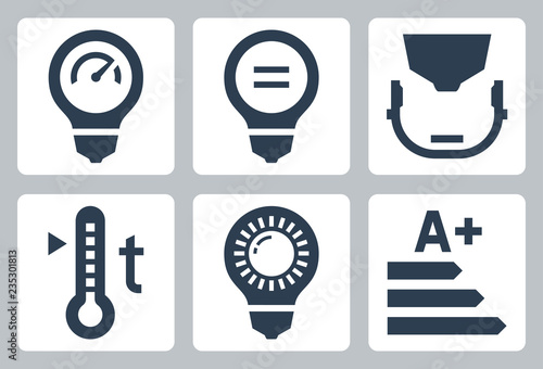 Led light bulb parameters icon set - power and its equivalent, type of cap, color temperature, luminosity and class