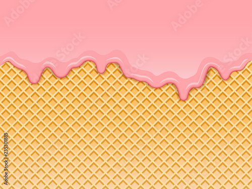 Pink strawberry ice-cream melted on waffle background. Vector Illustration