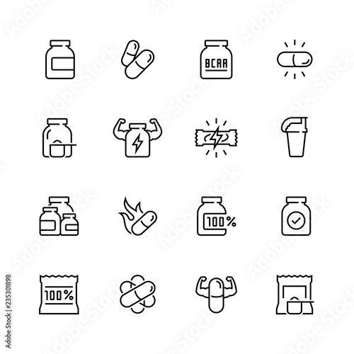 Sport supplements related vector icon set in thin line style