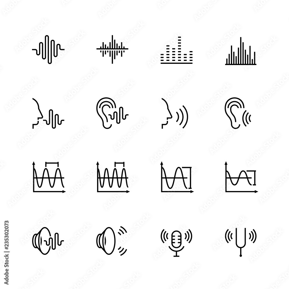 © D Graphics - Acoustics and sound vector icon set in thin line style © D Graphics - Acoustics and sound vector icon set in thin line style