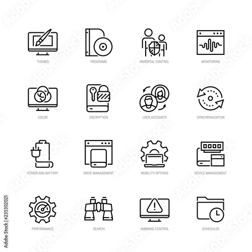 Operating system and its management vector icon set in thin line style