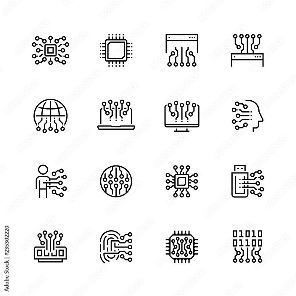 Electronic circuit and chips vector icon set in thin line style Electronic circuit and chips vector icon set in thin line style