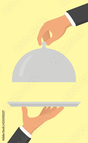 Open food serving tray in hand. Vector illustration in flat style