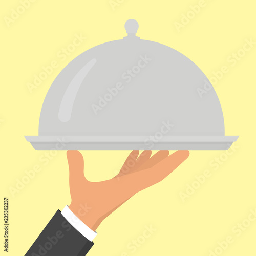 Closed food serving tray in hand. Vector illustration in flat style