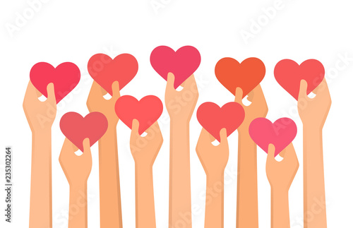 Vector illustration of hands holding hearts high up