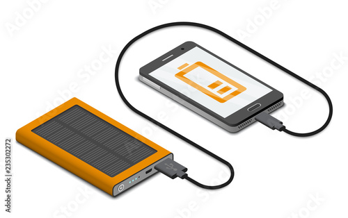Vector isometric illustration of solar powerbank charging a smartphone