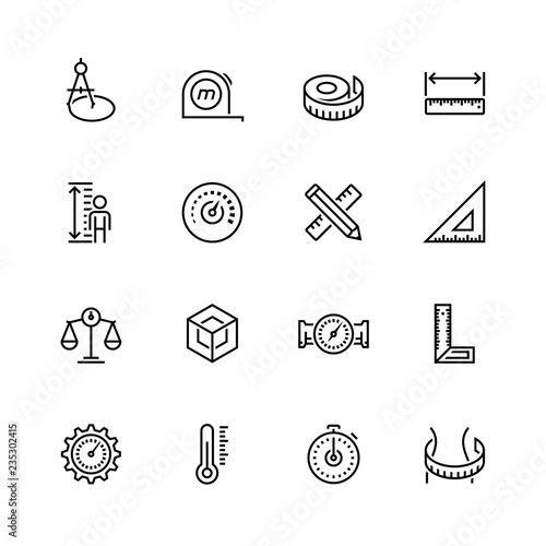 Measuring tools and measures vector icon set in thin line style