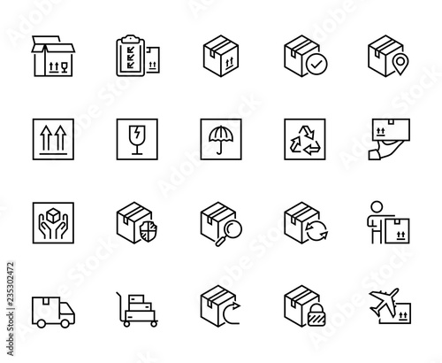 Logistics, shipping and delivery vector icon set in thin line style
