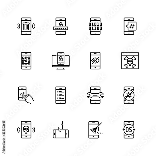 Mobile security vector icon set in thin line style