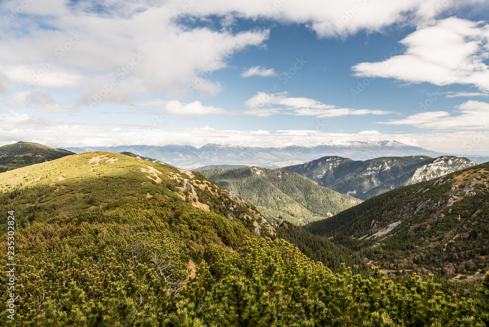Fototapeta premium amazing scenery of Nizke Tatry mountains with Vysoke Tatry mountains on the background in Slovakia