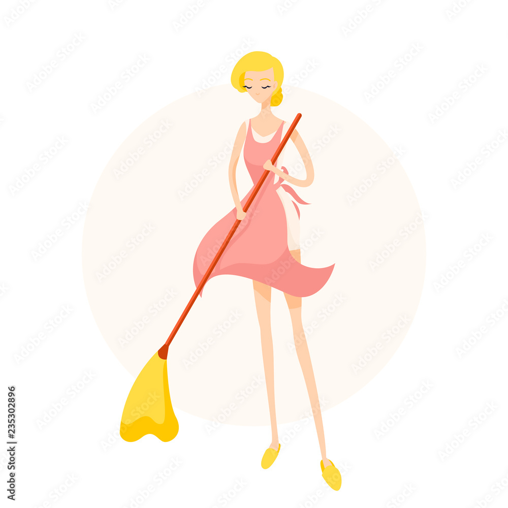 Cute blonde girl sweeping the floor in a pink apron Cute blonde girl sweeping the floor in a pink apron
