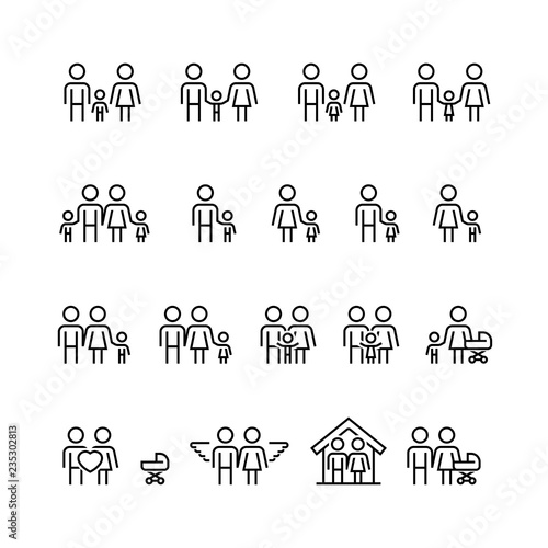 Family and relationship vector icon set in thin line style