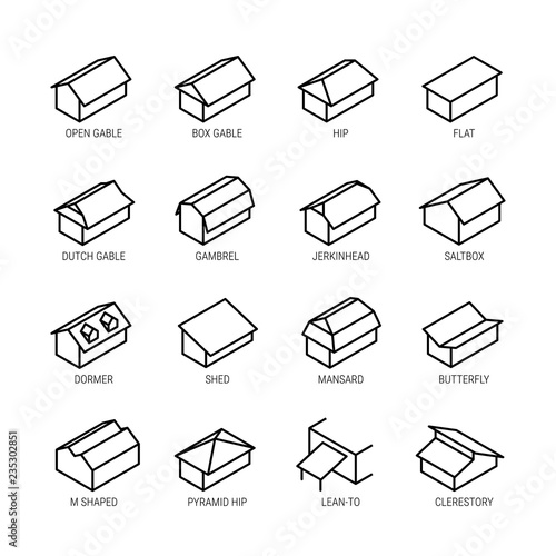Roof types vector icon set in thin line style