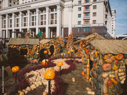 Photography Moscow, Russia - october 1, 2018: Autumn decorations on Manezhnaya square near the Moscow Kremlin during festival Golden Autumn