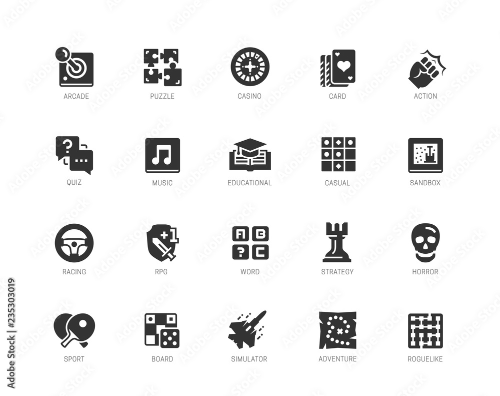 Video game genres vector icons set in glyph style Video game genres vector icons set in glyph style