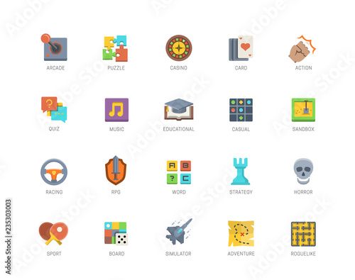 Video game genres vector icons set in flat design style