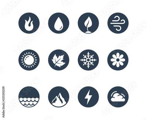 Vector round icon set of fire, water, earth and air elements and seasons of year in glyph style