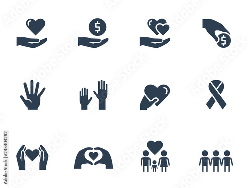 Charity, donation and volunteering icon set in glyph style