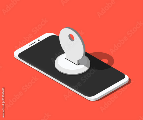 Modern smartphone with a keyhole on its screen and a key in it. Isometric vector illustration