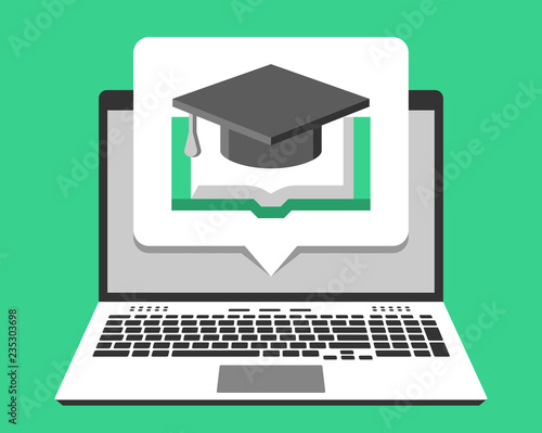 Laptop and online education icon on its screen in pop-up bubble. Vector illustration in flat design style