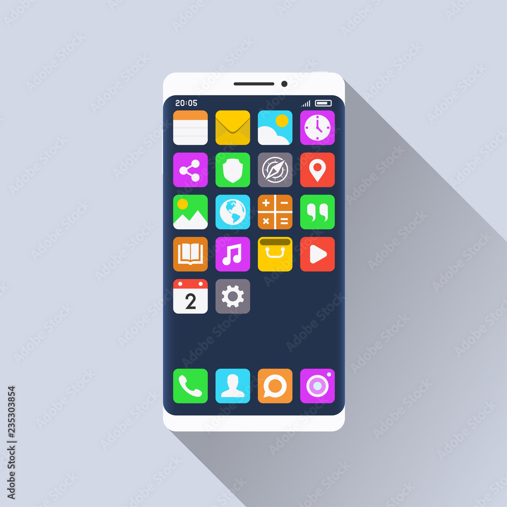 Smartphone and standard mobile applications on its screen. Flat design illustration