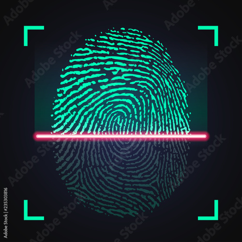 Laser scanning of fingerprint, vector illustration of digital biometric security technology
