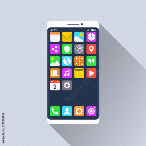 Smartphone and standard mobile applications on its screen. Flat design illustration