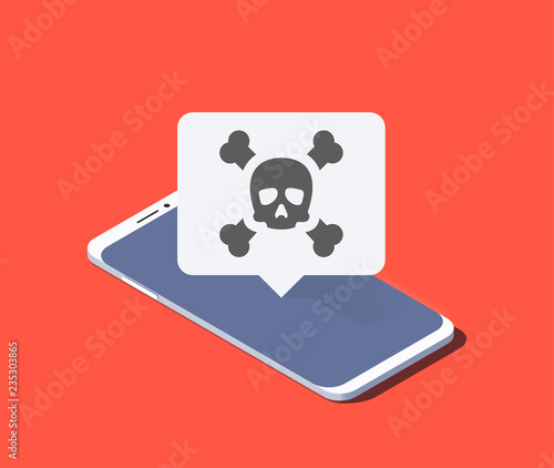 Smartphone and push notification with skull and bones on it. Isometric vector illustration