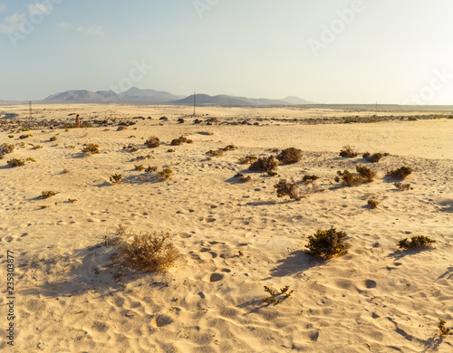 Corralejo Dunes with Volcanic Mountains in the Baclground in Fuerteventura  Canary Islands