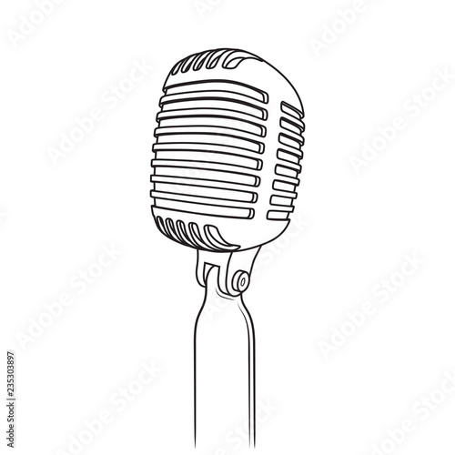 Vector illustration of retro microphone in outline style on white background