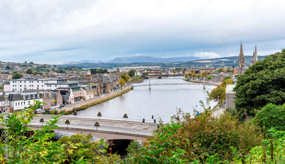 Fototapeta premium A view to city centre from Inverness Castle grounds, northern Scotland