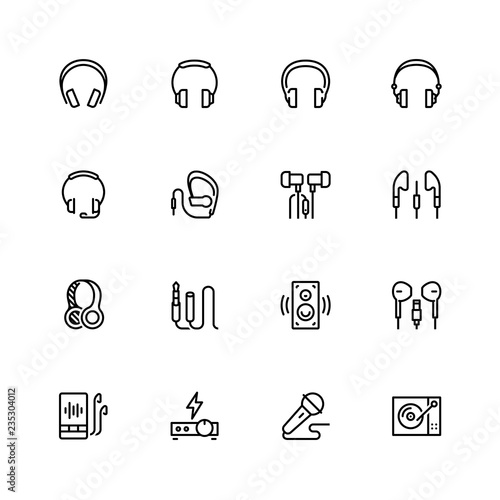 Headphones and audio equipment icon set in outline style