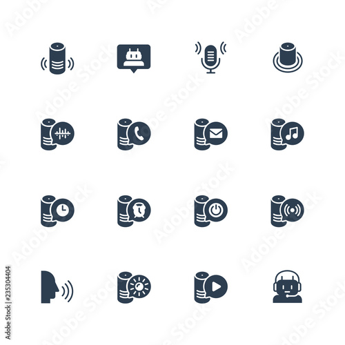 Smart speaker and virtual assistant related vector icon set in glyph style